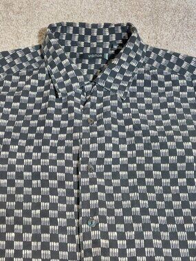 Vintage Visitor 100% Silk Geometric Button-Down Shirt navy blue Size M
